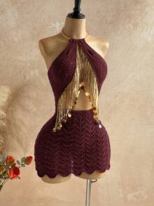 Soleia 女士亮片流苏镂空性感吊带针织连衣裙 - 酒紅色 - 查看 3