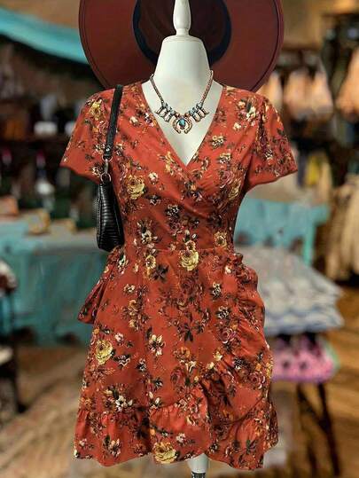 INAWLY Vestido casual con cuello en V profundo, cintura con lazo y abertura, con estampado floral ditsy para vacaciones