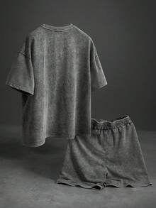 Manfinity Roghcode Men's Casual Washed T-Shirt And Shorts Set, Summer - Grey - View 2