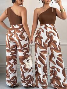 Elenzga Plus Size Women Oblique Shoulder Patchwork Print Straight Jumpsuit - Multicolor - View 1
