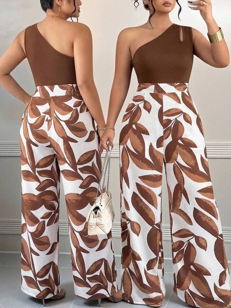 Elenzga Plus Size Women Oblique Shoulder Patchwork Print Straight Jumpsuit - Multicolor - View 1