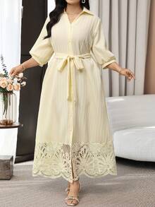Modelyn Plus Size Elegant Solid Color Hollow Patchwork Front Button Dress, Summer Fall - Pale Yellow - View 4