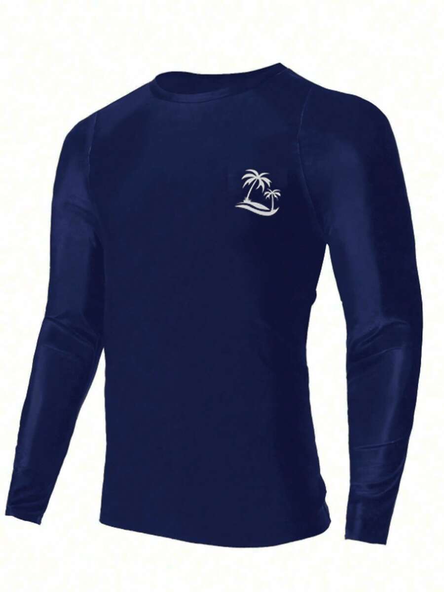 SHEIN Baju Renang Pelindung Ruam Lengan Panjang Motif Pohon Palem Biru Tua untuk Anak Laki-laki Usia 80-an, Kain Lembut dan Nyaman, Liburan Musim Panas di Pantai, Gaya Kasual untuk Menyelam. - Navy Blue - View 1