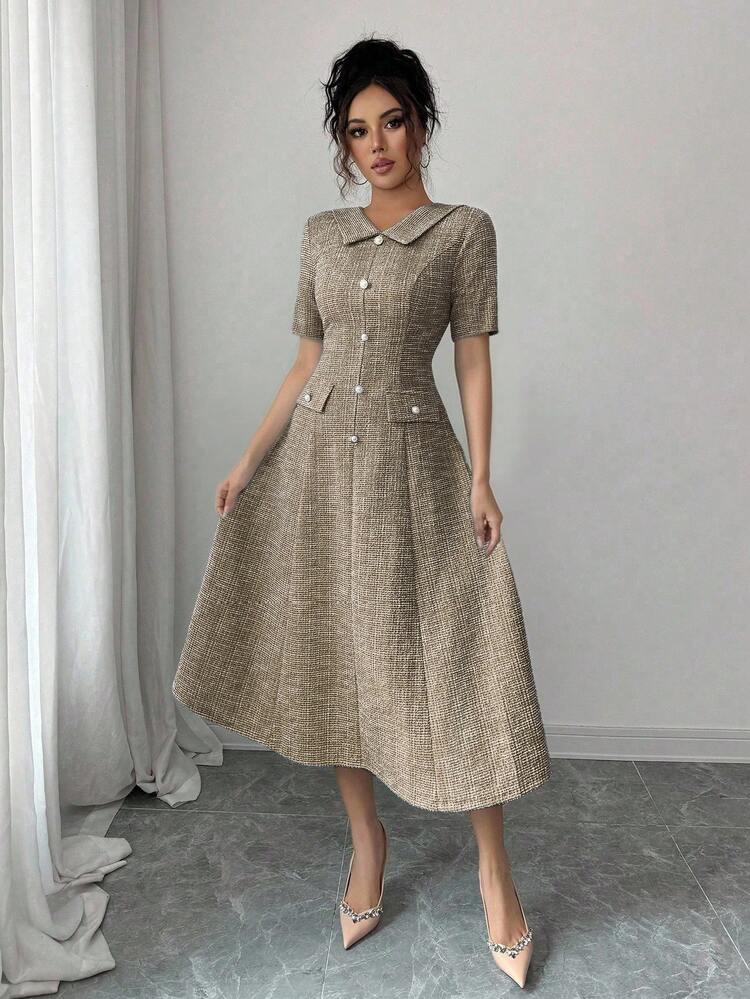 Elenzga Women's Textured Fabric Peter Pan Collar Cinched Waist A-Line Flared Dress, Metal Pearl Button Decoration, Elegant Unique Design With Faux Pockets, Short Sleeve Midi Dress - Khaki - View 8