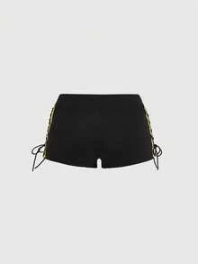 ROMWE Grunge Punk 2pcs/Set Sports Style Racerback Tank Top And Super Low-Rise Shorts For Women - Black - View 6