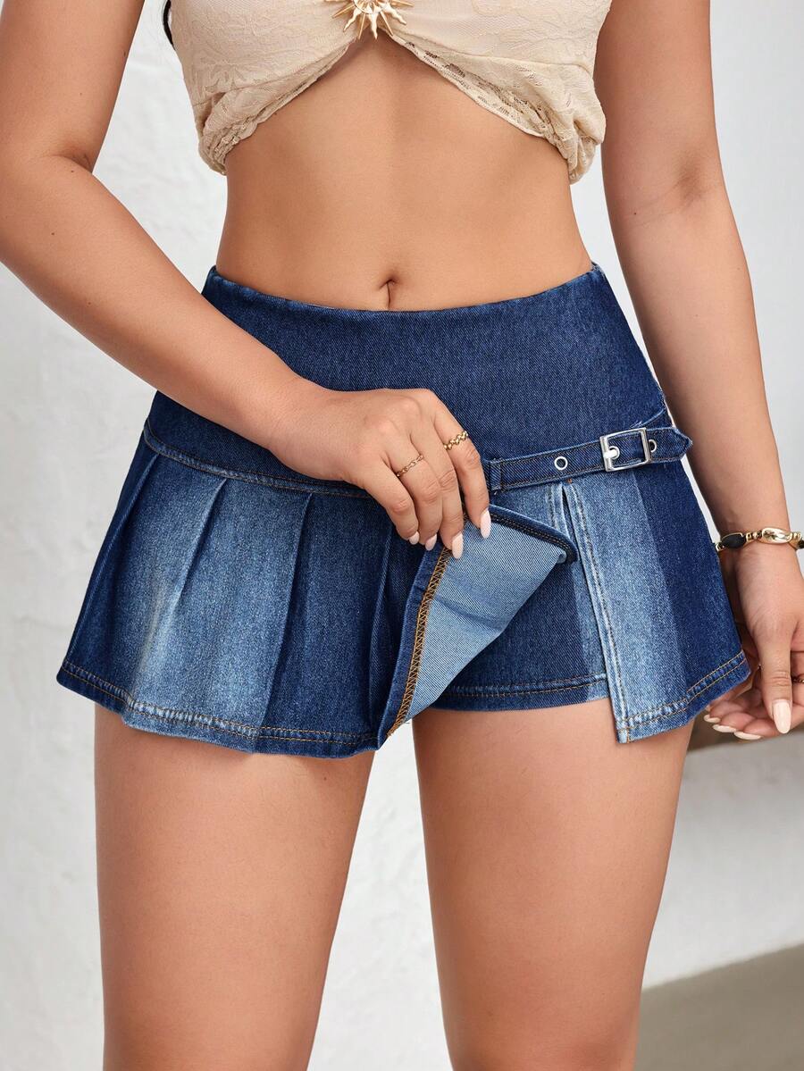 Flexra Women's Chicken Eye Buckle Design Pleated Fashion Denim Skorts - Blue - View 1