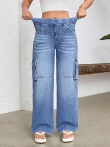 Flexra Women's Casual Washed Straight Leg Cargo Jeans - Blue - View 4