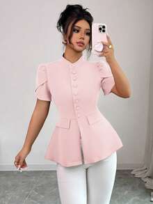 Elenzga Women's Elegant Summer Blush Pink Mandarin Collar Puff Sleeve Blouse,French Office Work Formal Attire,Solid Button-Up A-Line Peplum Tops - Baby Pink - View 5