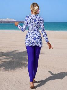 Swim Mulvari Mature Middle Eastern Print Drawstring Long Sleeve Top And Pants Women's Summer Burkini 2 Pieces Set - Multicolor - View 2