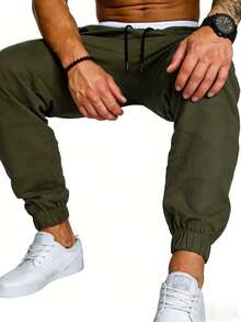 Manfinity Homme Quần nam có chi tiết vá, dây rút ở eo. - Màu xanh Ô liu - Xem 8