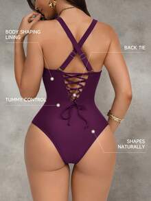 Shapewave 女士棕色拼接聚拢收腹连体泳衣，带束带设计，优雅性感休闲，适合派对和泳池穿着 - 中紫紅色 - 查看 2