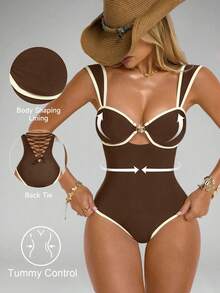 Shapewave Maiô feminino de uma peça com estampa de estrela-do-mar em preto e branco, efeito push-up, controle de barriga, sem costas e com amarração. Ideal para praia, férias e festas. - Castanho - Ver 1