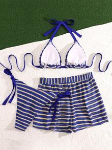 SHEIN Swim Curve 大尺碼藍色條紋針織掛脖綁帶側邊比基尼套裝 無袖短款休閒泳裝 結飾設計 - 藍色 - 查看 2