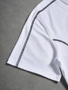 Manfinity Roghcode Ensemble décontracté homme avec t-shirt à manches courtes avec imprimé lettres et bordure contrastée, et short gris - Multicolore - Voir 4