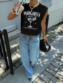 Siren Gaze 女士休闲圆领无袖露脐背心，适合夏季穿着，鸡尾酒杯印花图案 - 黑色 - 查看 4