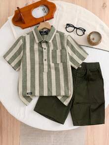 Child Modern Style Striped Shirt - verde militar - View 1