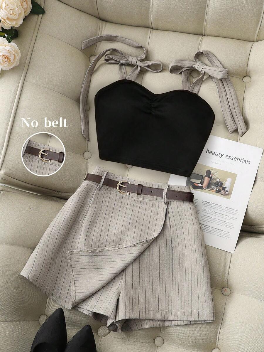 Airaco 夏季新款性感吊带背心，撞色蝴蝶结前褶短款吊带背心+条纹迷你短裙两件套，女士系带腰短裙套装，春夏女士两件套，休闲女士夏季两件套，适合度假、约会等场合 - 彩色 - 查看 1