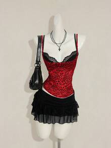 SHEIN ICON 女士红色豹纹透视吊带背心，黑色蕾丝细肩带露脐上衣叠穿造型 - 紅色 - 查看 5