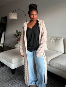 Tyla Gomez Áo khoác cardigan dài hở vai hở phía trước, áo cardigan dệt kim cáp thả vai có mũ rộng rãi màu mơ đơn giản cho nữ, trang phục thường ngày, áo dài tay - Màu be - Xem 4