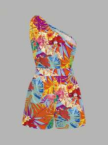 Slaydiva Spring/Summer New Western/Boho Style Jumpsuit, Suitable For Music Festivals, Easter, Nashville, Birthday Parties, Graduation, Student Wear, Daily Casual, Vacation, Cruise Travel, Beach, Sunbathing, One Shoulder Twist Waist Design, Textured Fabric, Waist Tie, Slimming, White, Women - Multicolor - View 5