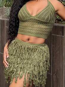 Tyla Gomez Women's V-Neck Halter Tie Backless Crop Top And Fringe Hem Mini Skirt 2 Pieces Set, Suitable For Party, Christmas, Date Night, Nightclub, Bohemian, Boho, Vacation, Fall - Army Green - View 6