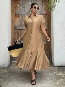 Dazy Plus Plus Size Fashionable Solid Color Versatile Collared Shirt Dress, Suitable For Commuting, Spring/Summer Sundress - Khaki - View 7