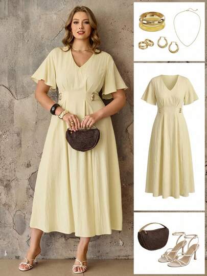 Roveilla Vestido maxi de línea A con cuello en V elegante, mangas de pétalo y cintura recogida, de algodón suave, romántico, adecuado para el trabajo, el trayecto, el casual, las vacaciones, color amarillo claro, primavera/verano