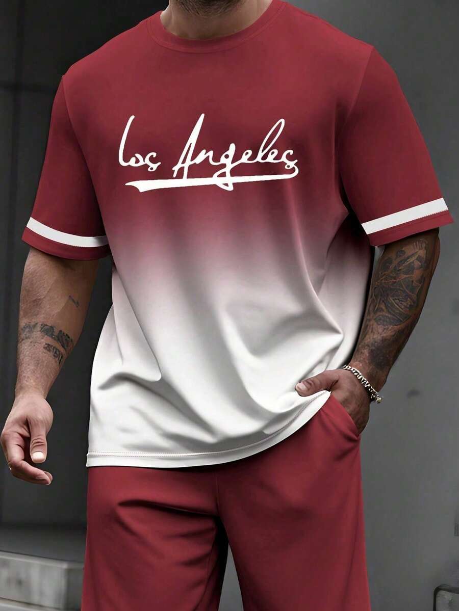 Manfinity Homme Plus Size Men's Casual Gradient Letter Print T-Shirt, Summer Los Angeles Shirt - Multicolor - View 1