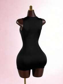 SaltGleam SaltGleam Women's Solid Color Minimalist Hollow Out Bodycon Dress - Black - View 2