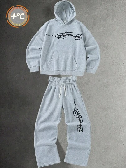 SHEIN 青少年男童秋季新品，休闲简约风，涂鸦手绘星星字母印花，运动街头风，Y2K长袖连帽衫套装，适合秋冬季穿着