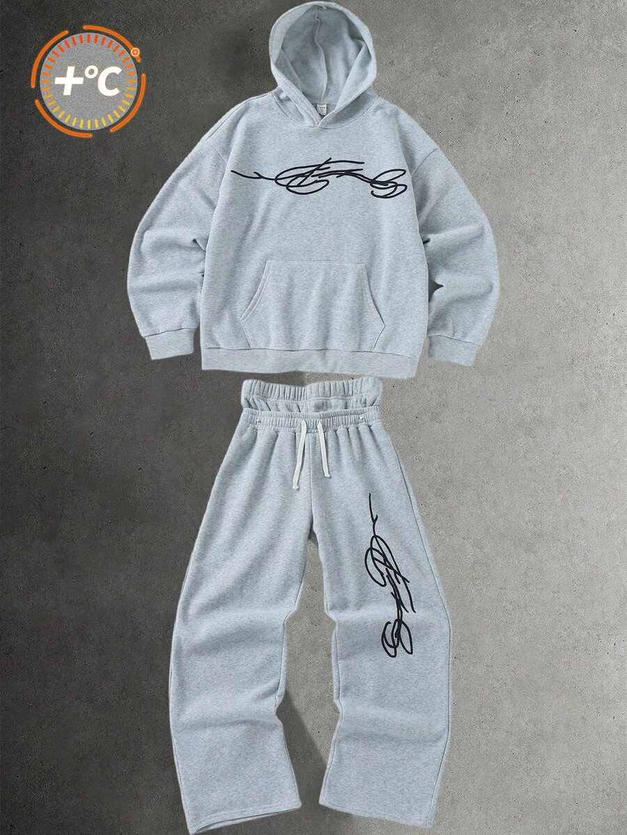 SHEIN 青少年男童秋季新品，休闲简约风，涂鸦手绘星星字母印花，运动街头风，Y2K长袖连帽衫套装，适合秋冬季穿着 - 淺灰色 - 查看 1