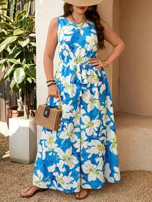 Breezaya Plus Size Women Floral Print Belted Jumpsuit,Blue And White Summer Boho Vacation Holiday Vacay Outfits,Hawaii Cruise Resort Wear Beach Outfits - Multicolor - View 8