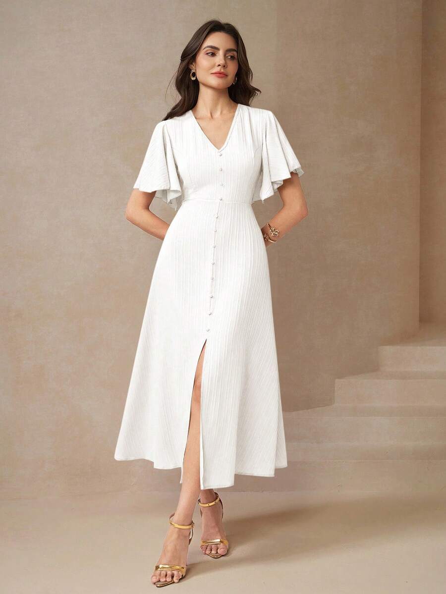 Amorya Women's Solid Color V-Neck Split Design Elegant Waist Cinched Long Party Dress - White - View 1