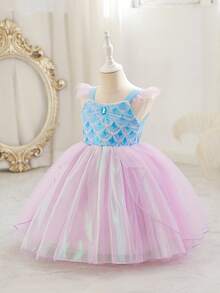 SHEIN Glamorique Kids 小女孩公主裙，吊带短袖，紫色，亮片，舞会礼服，生日派对，婚礼，节日，优雅正式礼服 - 紫色 - 查看 6
