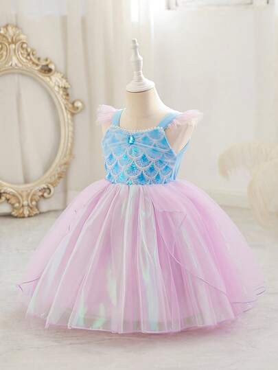 SHEIN Glamorique Kids Young Girl' Princess Dress, Spaghetti Strap Cap Sleeve, Purple, Sequin, Ball Gown Dress, Birthday Party, Wedding, Holiday, Elegant Formal Dress