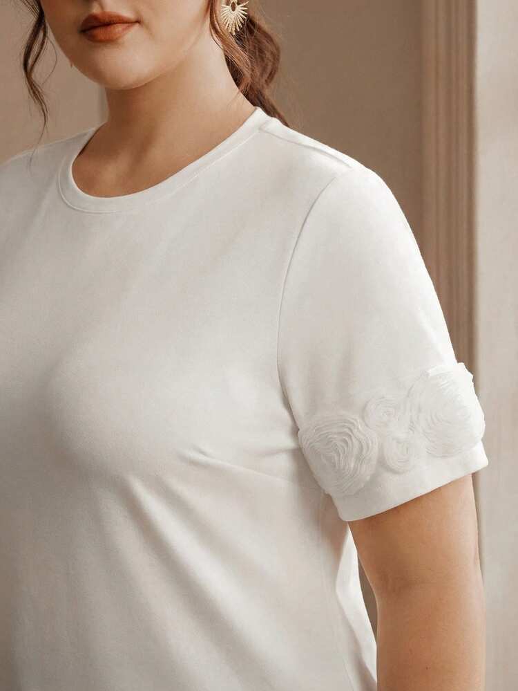 Elegant Romantic 3D Floral Round Neck Loose Casual Plus Size Women T-Shirt