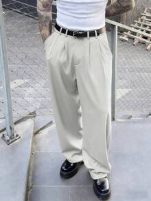 Manfinity Homme Plus Size Men's Suit Pants, Casual Versatile Straight-Leg Trousers For Ceremony, Formal - Beige - View 3