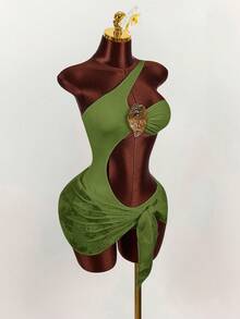 Amplova Áo tắm liền thân nữ màu trơn, trang trí kim loại, xếp ly, khoét eo, thích hợp cho kỳ nghỉ biển, tiệc bể bơi, tiệc bãi biển. - Màu xanh Bạc hà - Xem 10