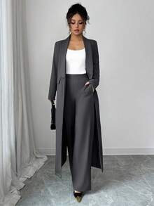 Elenzga 两件套：女士优雅翻领长袖长款外套搭配直筒裤两件套，精致优雅，适合办公室、通勤、街头风、法式浪漫、休闲、中东复古、下午茶、派对、感恩节、返校季、秋冬季等场合。 - 深灰色 - 查看 5