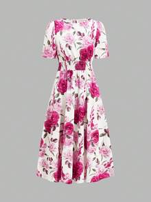 Ellevyn A-Line Waist Cinched Romantic Floral Print Dress  Summer Vacation Outfits Women Going Out Outfits - Coral Pink - View 6