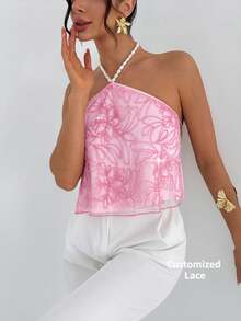 Aloruh 女士串珠花卉宽松露背吊带上衣 - 粉色 - 查看 6