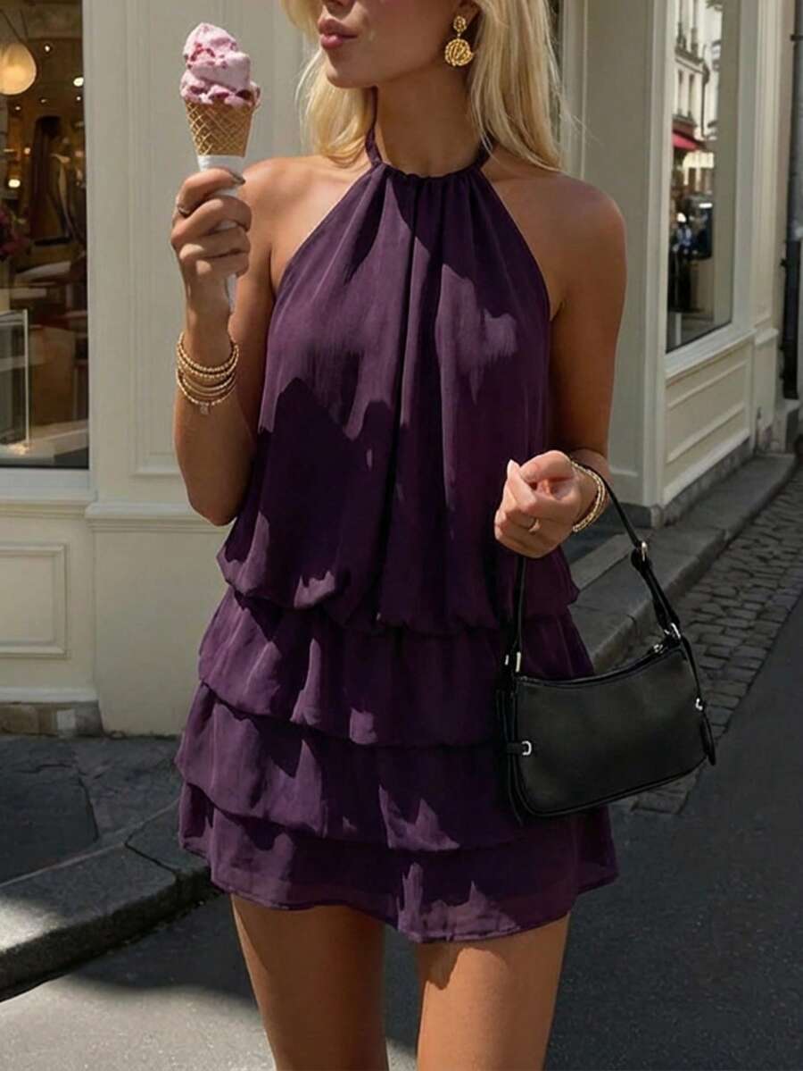 Aloruh 音乐节性感露背吊带多层弹力迷你连衣裙，女士款，李子紫色