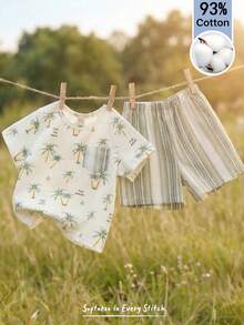 Cozy Pixies 两件套男婴植物花卉图案装饰口袋圆领短袖上衣和松紧腰裤套装 - 彩色 - 查看 2