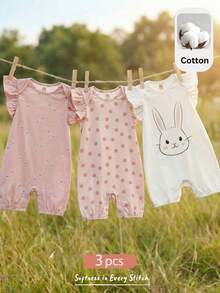Cozy Pixies 3件套女婴卡通动物图案针织柔软圆领短袖连体衣和短裤套装 - 彩色 - 查看 2