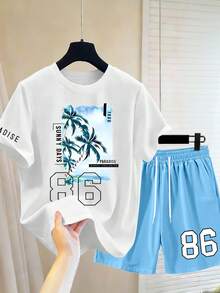 Chillumni Bộ đồ thể thao mùa hè phong cách nghỉ mát gồm áo thun và quần short trắng xanh, áo thun tay ngắn in hình cây cọ nhiệt đới và số 86 + quần short dây rút. - Nhiều màu - Xem 6