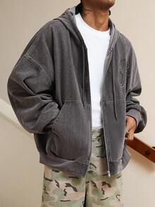 GALLERY FADE 男士街头时尚休闲刺绣连帽灰色牛仔夹克 - 深灰色 - 查看 5