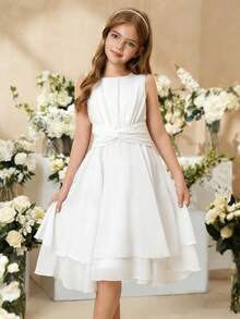 SHEIN Đầm midi không tay màu tím nhạt thanh lịch, xinh xắn dành cho bé gái, thích hợp cho tiệc tùng, lễ hội, các dịp trang trọng, bé gái cầm hoa, sinh nhật, biểu diễn. - trắng - Xem 4