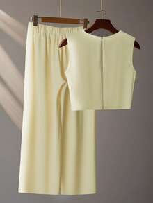 Franclia Bộ đồ hai mảnh mùa hè sang trọng kiểu Pháp cao cấp, áo không tay đính hạt ba chiều, quần ống rộng xếp lớp, trang phục nữ mùa hè, bộ đồ hai mảnh mùa hè. - Vàng nhạt - Xem 2