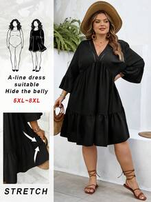 SHEIN CURVE+ Curve 尺码 US22 音乐节、海滨度假、波西米亚风女士休闲宽松舒适短袖杏色连衣裙，轻盈面料，春夏必备连衣裙，新款上市 - 黑色 - 查看 2