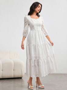 Modelyn Đầm dài tay cánh hoa thêu dành cho nữ, thanh lịch lãng mạn, màu vàng nhạt, thích hợp cho mùa xuân/hè. - trắng - Xem 3